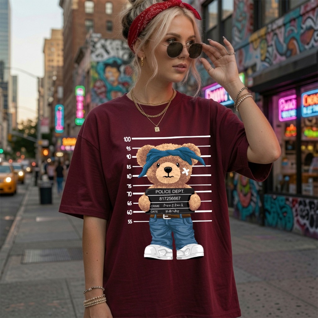 Camiseta Feminina Urso Police Streetwear Algodão Estampada Casual Blusa Moda Confortável