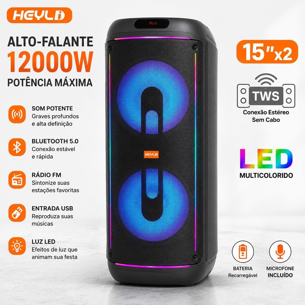 Caixa de Som Bluetooth Portátil 12000W 2x15" HEYLD HY-1213 RGB TWS FM USB AUX TF com 2 Microfones Sem Fio