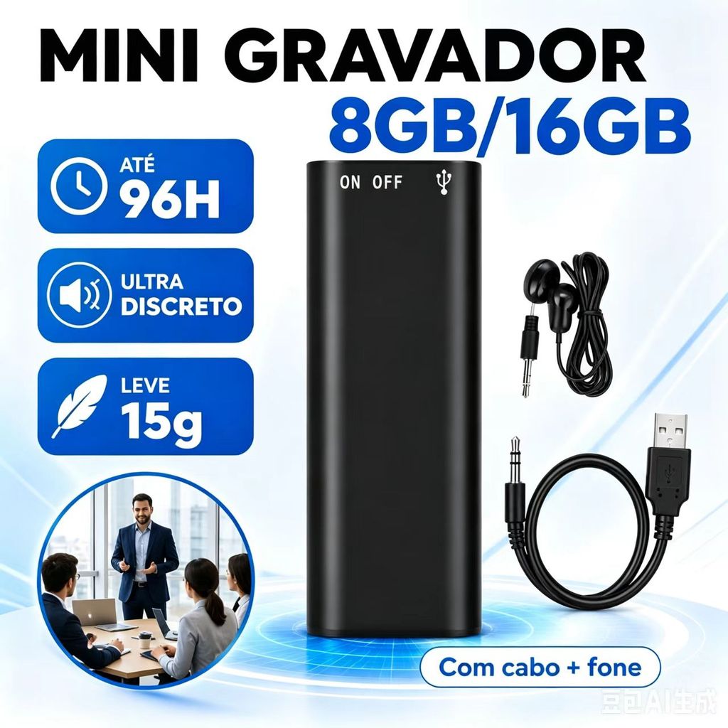 Mini Gravador De Voz , 8 Gb/16 Ultracompacto Com Reprodutor De MP3 E USB Ideal Para Apresentações , Palestras Reuniões
