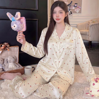 Pijama Feminino Doce Floral Renda Manga Comprida Seda Como Conjunto De Roupa De Dormir Lounge