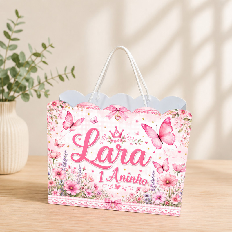 Sacolinha Personalizada Jardim das Borboletas Rosa Pegue e Monte Lembrancinha Aniversário Infantil Mimos Festa