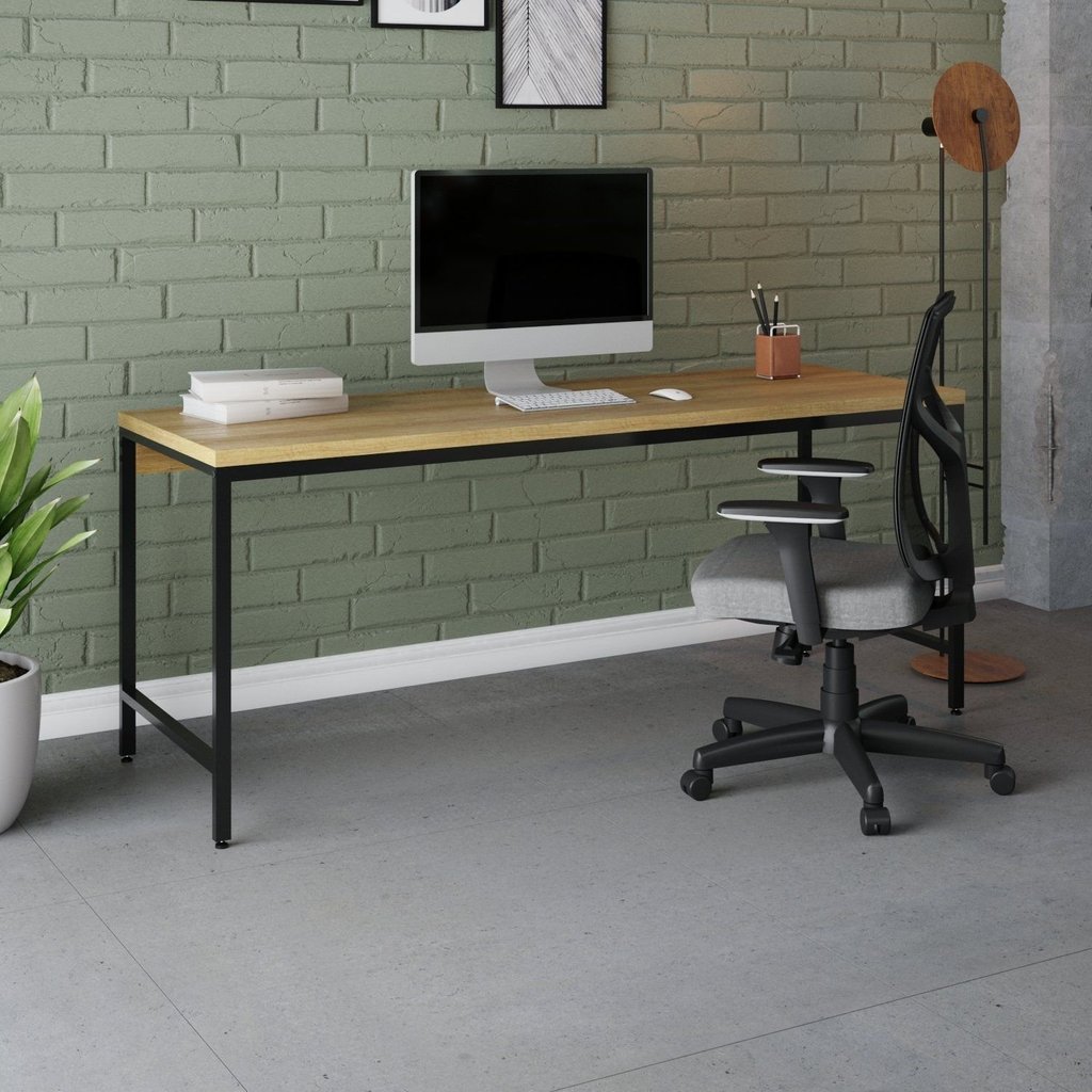Escrivaninha Mesa Escritório Estilo Diretor Active 180cm Industrial Yescasa Lâmina Mel Marrom Lâmina Mel