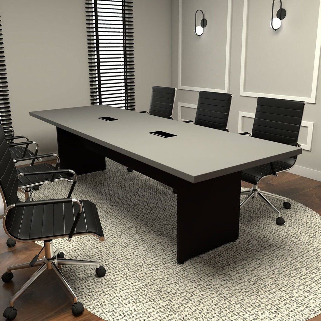 Mesa Reunião Escritório 8 Lugares 2,70m x 0,90m com 2 Caixas de Tomadas e Pés Painel Corporate F5 Cinza/Sagrado/Preto