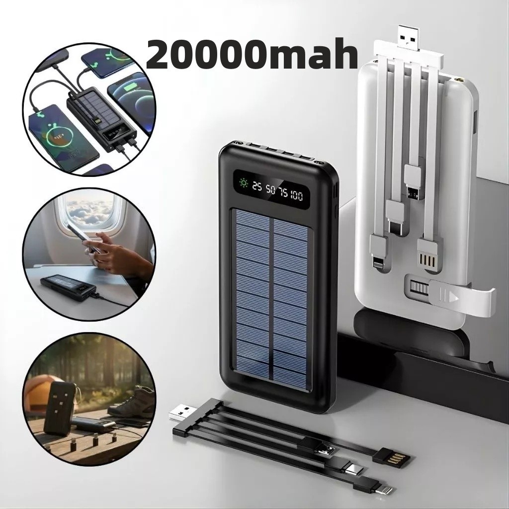 Power Bank Solar 20000mAh com 4 Cabos e Suporte Carregador Portátil LED Lantern para Profissionais e Viajantes