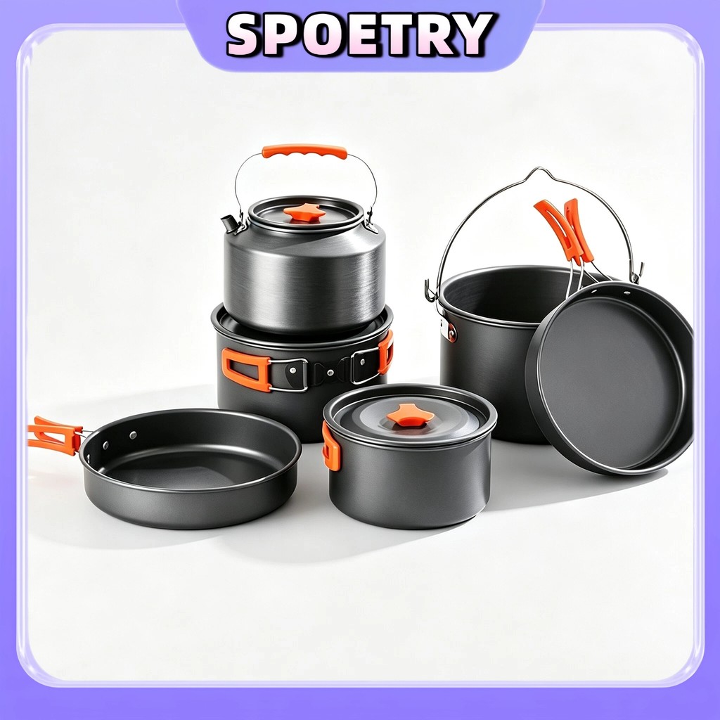 Kit De 5 Peças Cozinha Portátil Para Acampamento Alumínio Anodizado E Panelas Empilháveis Outdoor