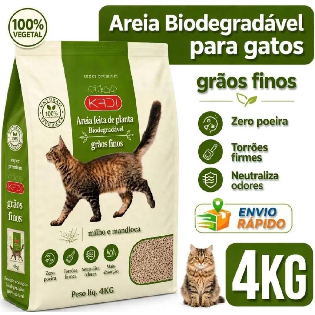 Areia 4 Kg Mandioca e Milho Biodegradável Kadi Grãos Finos Para Gatos