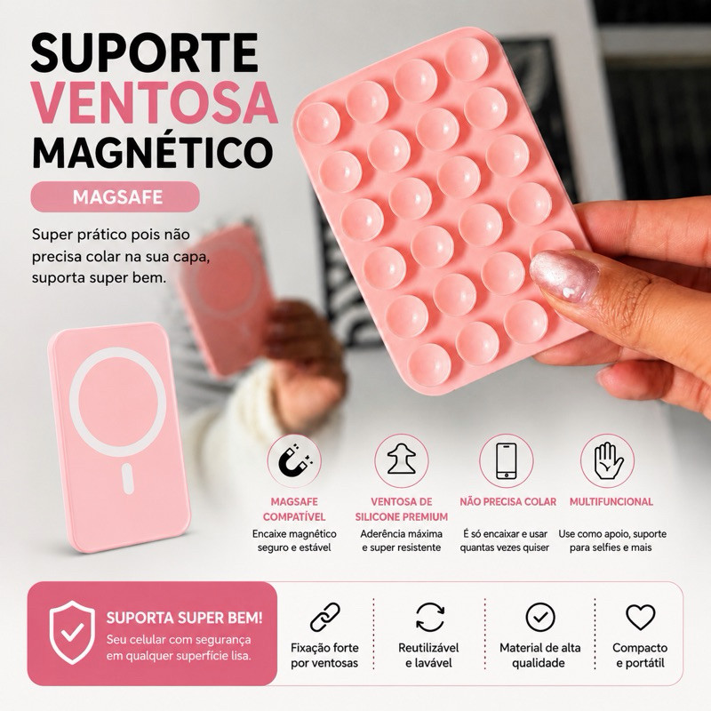 Suporte Ventosa MagSafe Magnético para Celular Reutilizável Silicone Gruda no Espelho Vidro