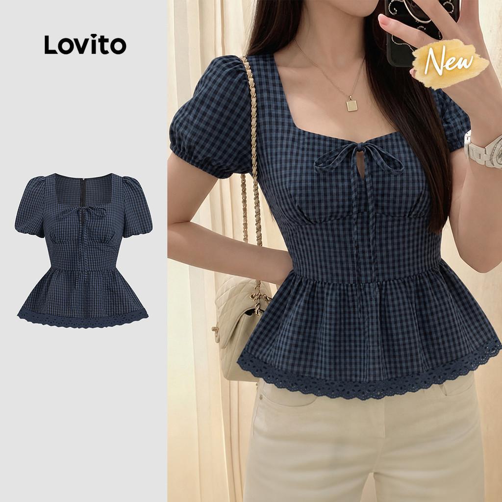(New Arrival) Lovito Blusa Casual de Renda Azulmarinha de Primavera/verão para M