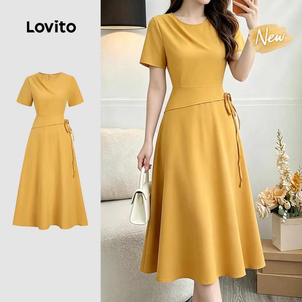 (New Arrival) Lovito Vestido Elegante Plissado Confortável e Elegante Vestido de Açafrão para primavera/verão L199ED014