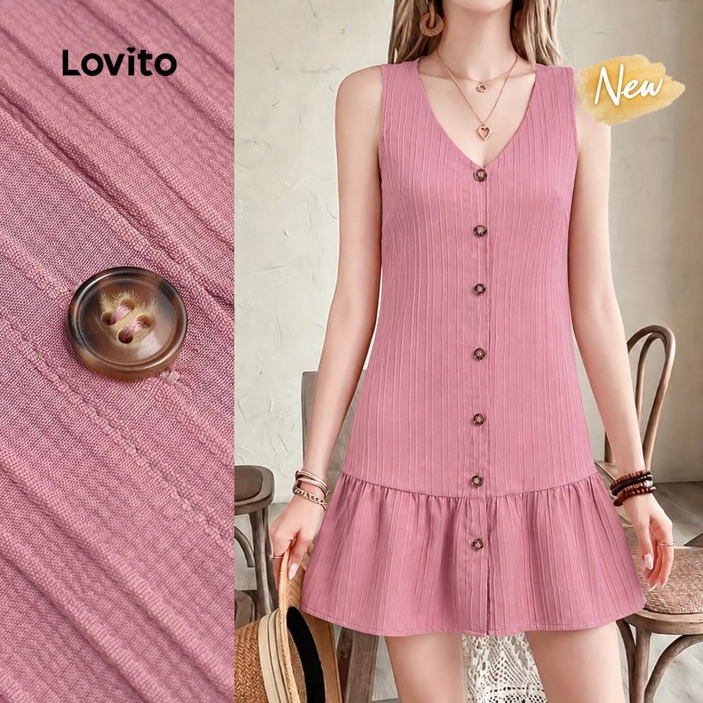 (New Arrival) Lovito Vestido Casual Cinza Rosa com Botão Casual e Confortável pa