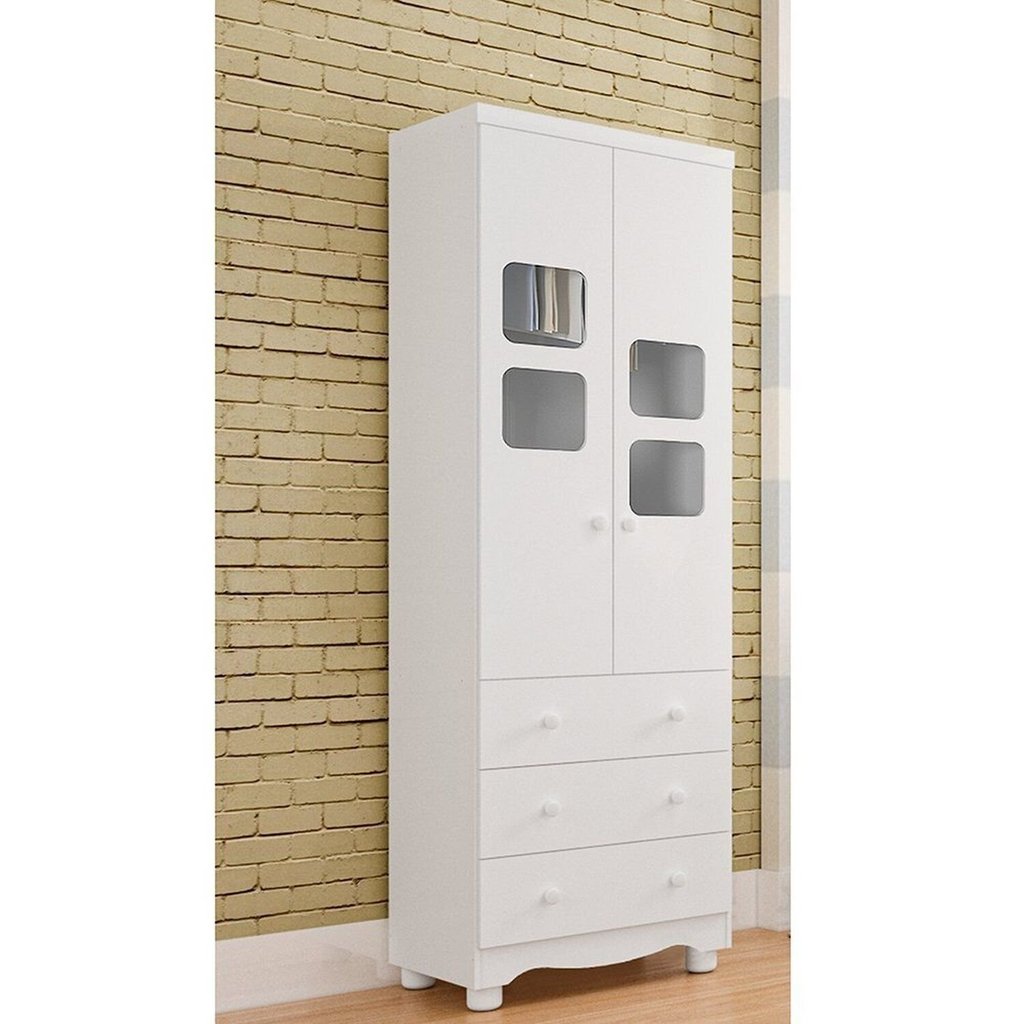 Guarda-Roupa Infantil 61cm 2 Portas 3 Gavetas com Janelas e Pés Mimo 100% MDF Espresso Móveis Branco/Brilho
