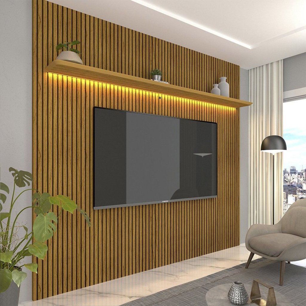 Painel para TV até 90 Polegadas Efeito Ripado com LED 100% MDF 224x250cm Requinte Yescasa Marrom Off White Naturale