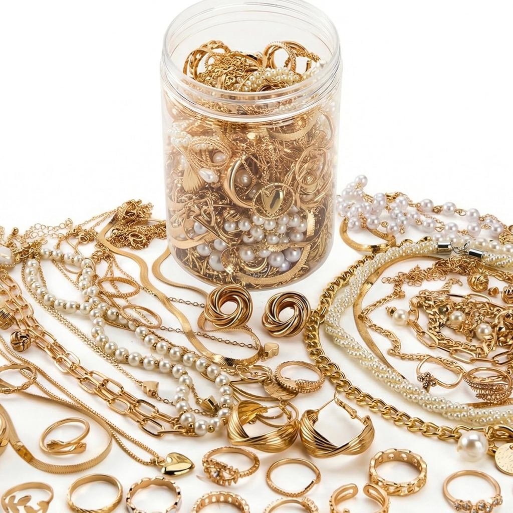 Mystery Jewelry Jar - 54 PCS Vintage Mystery Jewelry Jar Gold, Surprise Necklaces Bracelets Earrings Rings Box Set, Fash