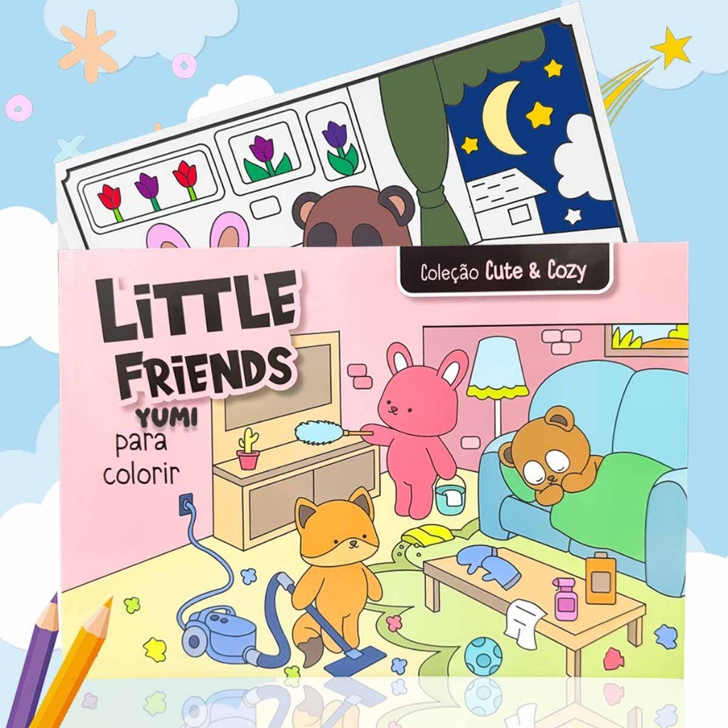 Livro de Colorir Little Friends Goods Rosa Folhas 180G Desenhos Super Fofos Pintar Com Acetato