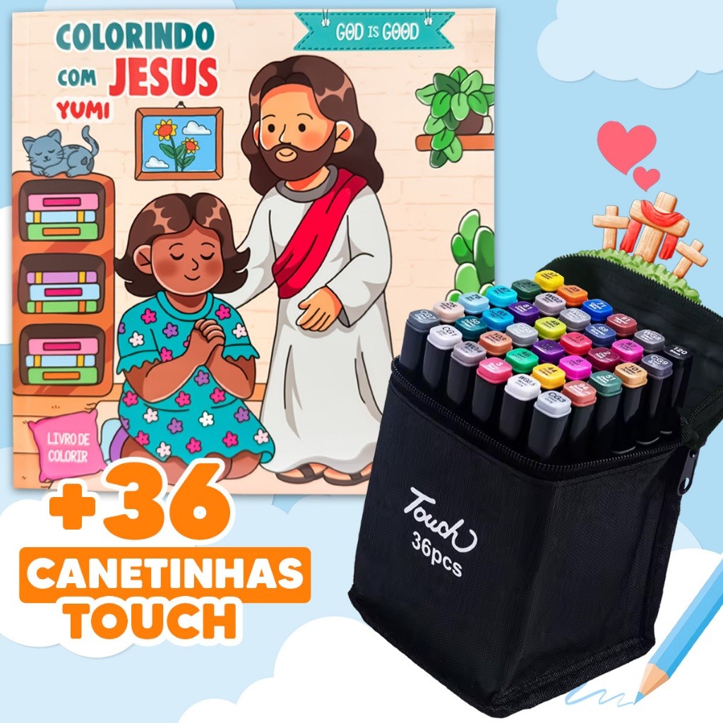 Kit Livro De Colorir God Is Good Historias Bíblicas Colorindo Com Jesus + 36 Canetinhas Canetas Touch Ponta Dupla
