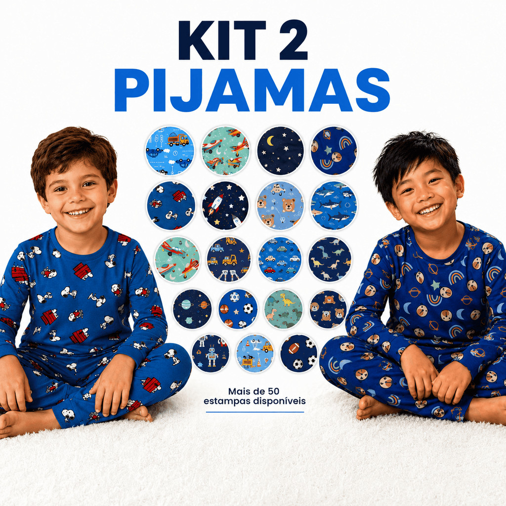 Kit 2 Pijamas Bebê Infantil Criança Manga Longa Inverno Menino Roupa de Dormir 4 Peças Estampas Sortidas