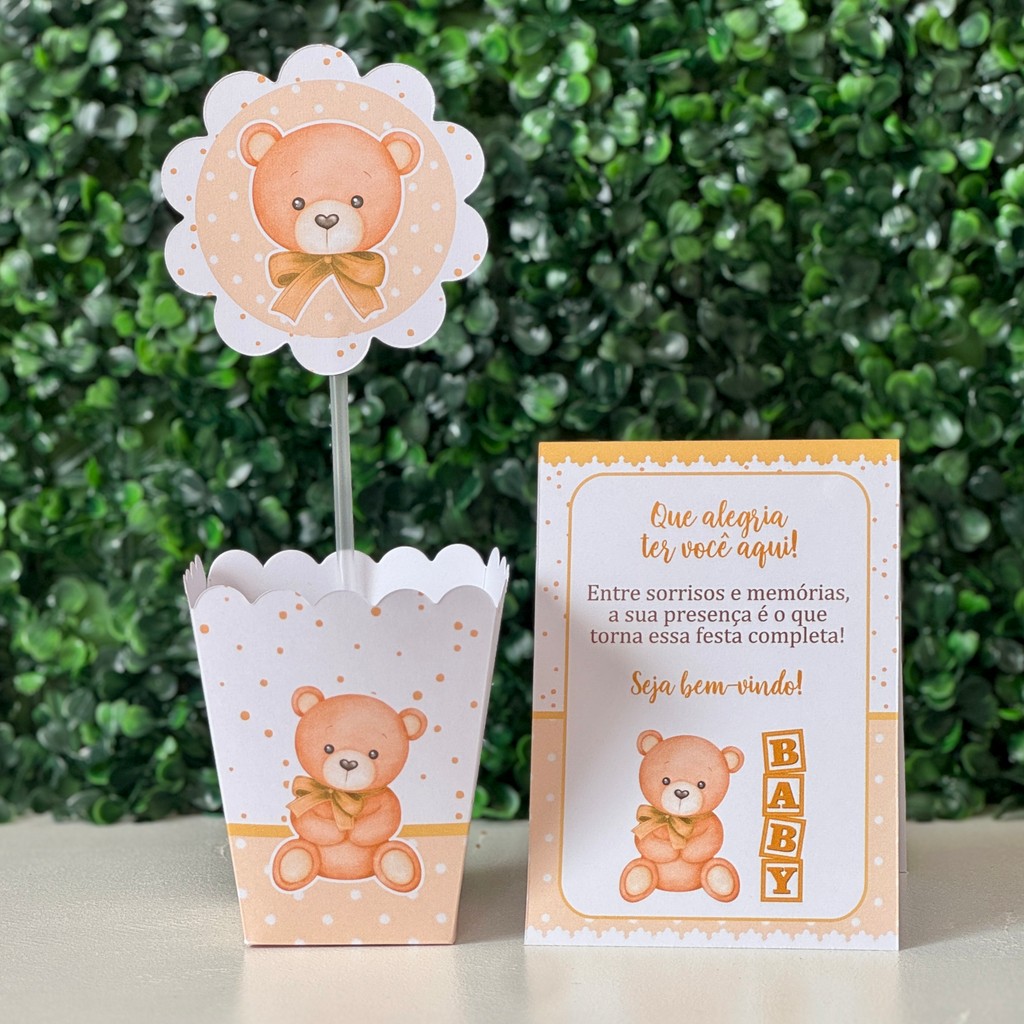 Centros de mesa + Plaquinhas URSINHO NEUTRO chá de bebê fraldas revelação festa lembrancinhas decoração personalizados