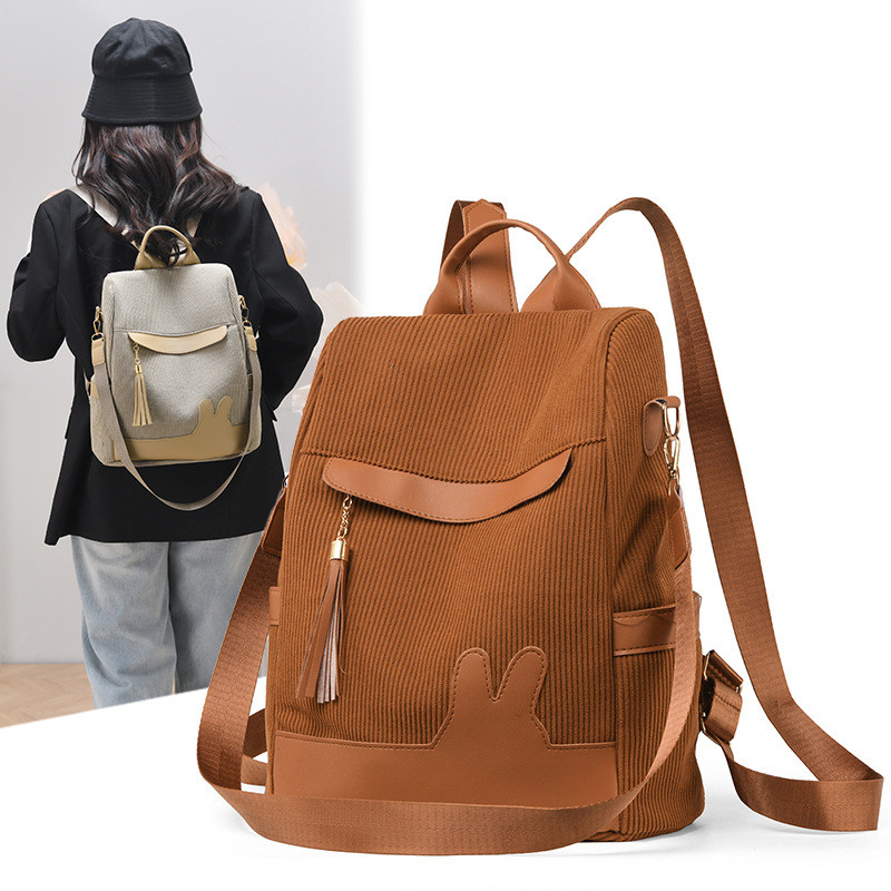 Mochila Feminina Casual Antirroubo de Veludo Cotelê Leve para Faculdade Escola Viagem