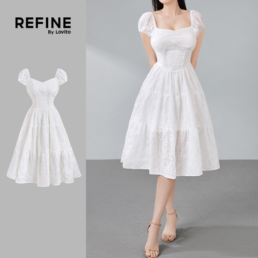 (NEW) (Refine by Lovito) Vestido Branco Elegante de Jacquard com Estrutura de Li