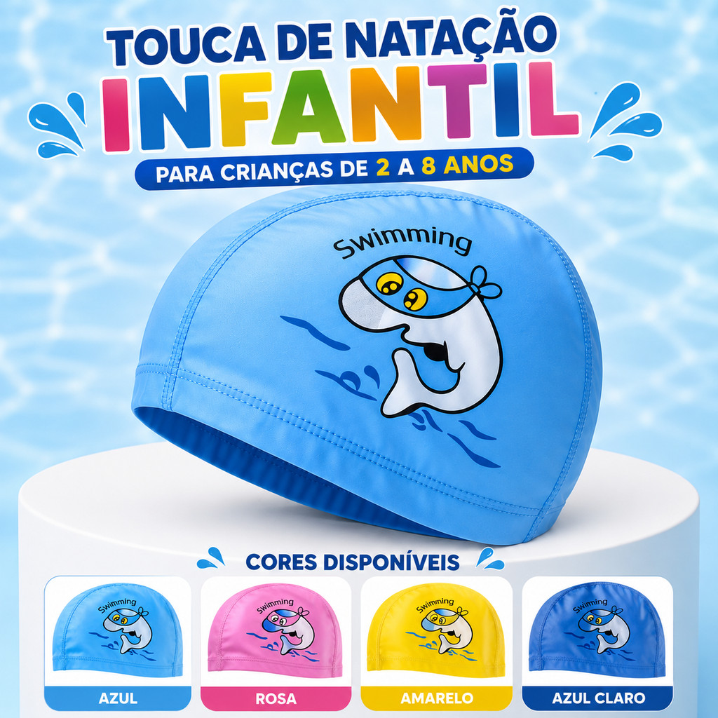 Touca De Natação Infantil Golfinho Swimmer Confortável Com Proteção UV Para Crianças De 2 A 8 Anos