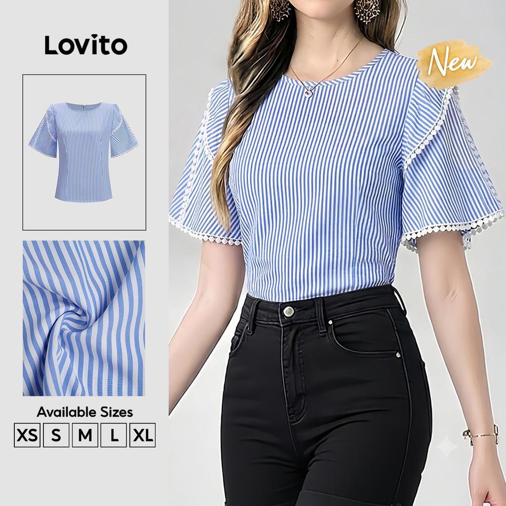 (New Arrival) Lovito Blusa Boho com Babado Exagerado Blusa Azul de Primavera/verão para Mulheres LK7ED377