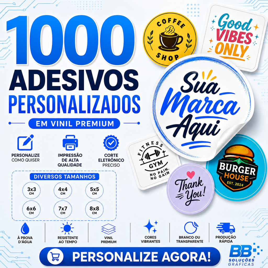 1000 Etiquetas Adesivas em Vinil | 1000 Adesivos Em Vinil Personalizados 3x3 4x4 5x5 6x6 ou 7x7 Cm