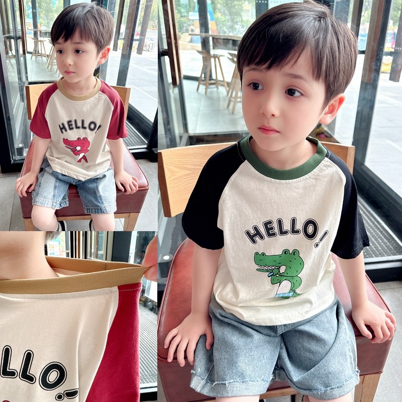 Meninos fino dinossauro impressão camiseta de manga curta verão novo estilo roupas infantis médio pequeno crianças moda 