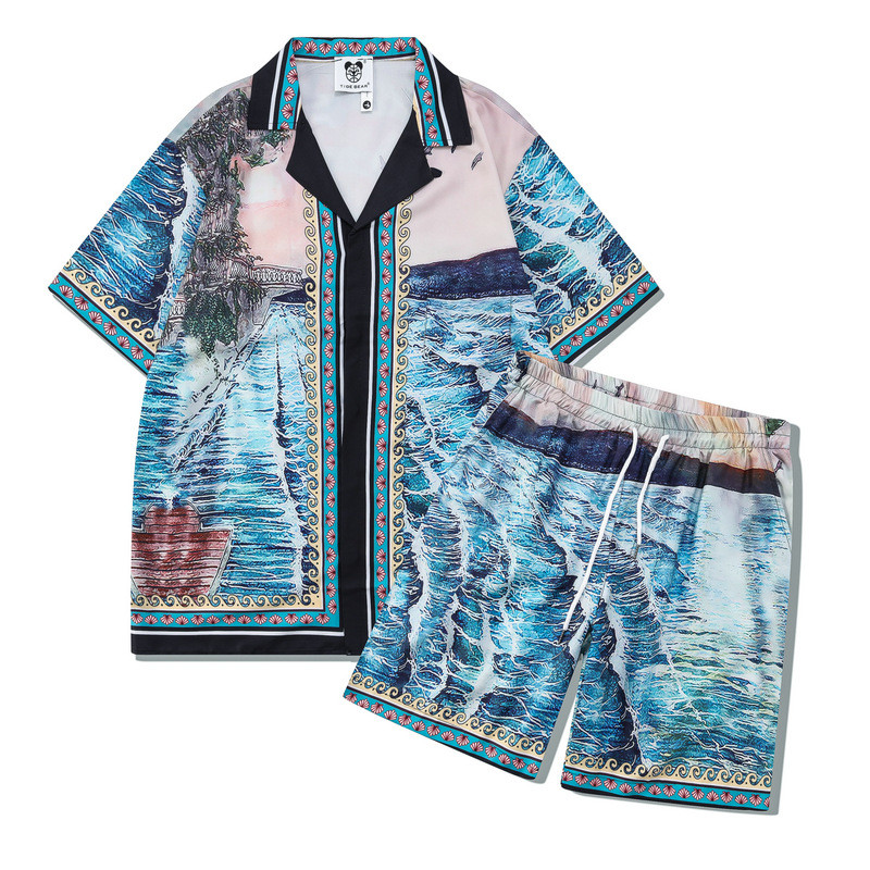 [Novo produto] Cavalheiro Casual praia camisa de manga curta impressão Digital onda abstrato solto pulôver Cardigan masc