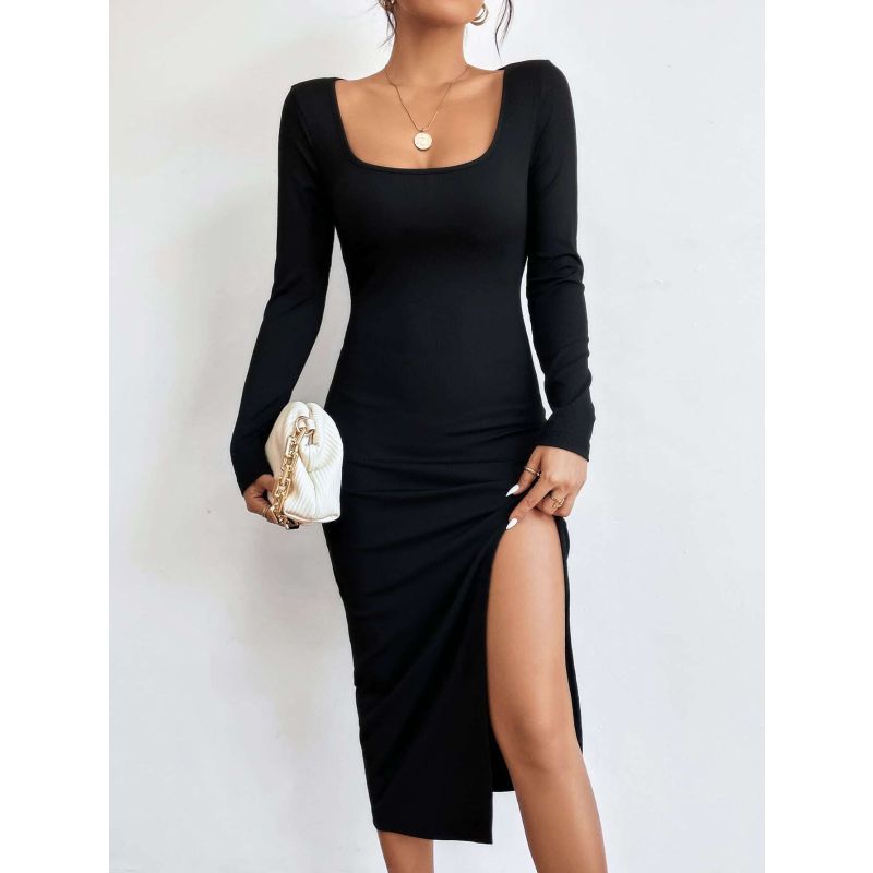 Vestido francês elegante com decote quadrado primavera verão feminino de comprimento médio