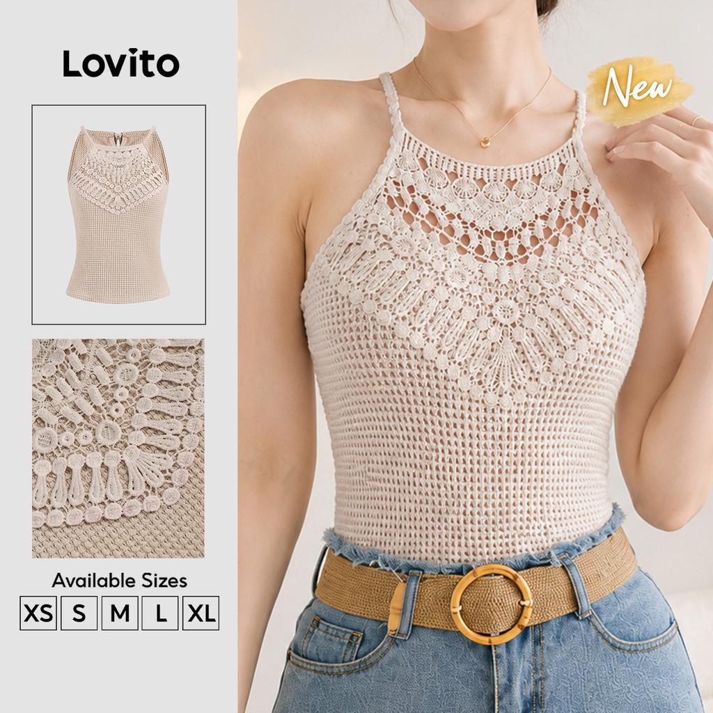 (New Arrival) Lovito Top Boho com Babado No Decote e Amarração Nas Costas Lazer Primavera/verão Damasco para Mulheres TKB202P2D183