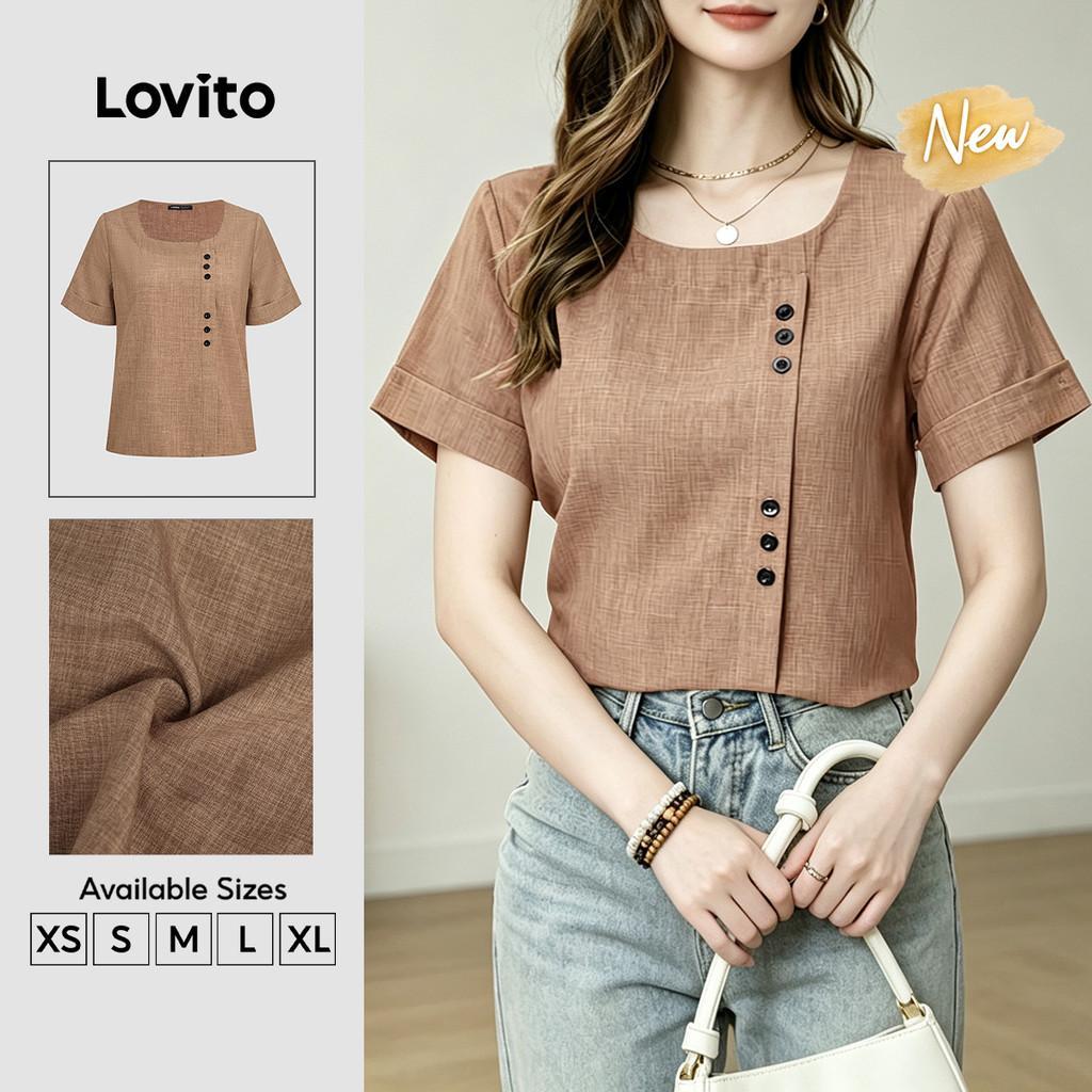 (New Arrival) Lovito Elegante Blusa Assimétrica Botão Simples de Primavera/verão Blusa Cáqui para mulheres BLB202P2D584