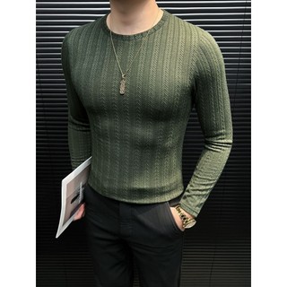 Camiseta masculina de manga comprida Jacquard de alta qualidade primavera 2026 novo estilo estiramento fino ajuste em to