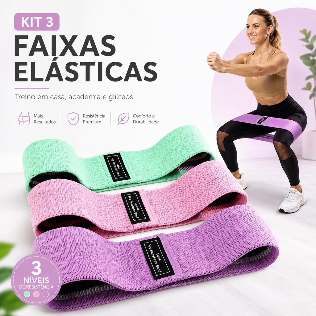 Super Band Kit 03 Faixas Elástico Treino Resistência Yoga Fitness Pilates Material Resistente
