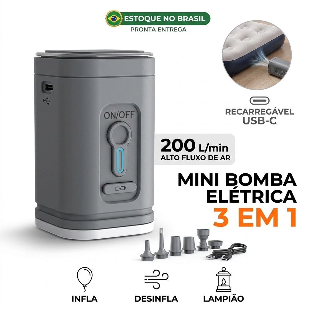 Mini Bomba de Ar Eletrica Recarregavel USB Inflador Colchao Boia Piscina Saco a Vacuo Camping Lanterna LED Tipo C