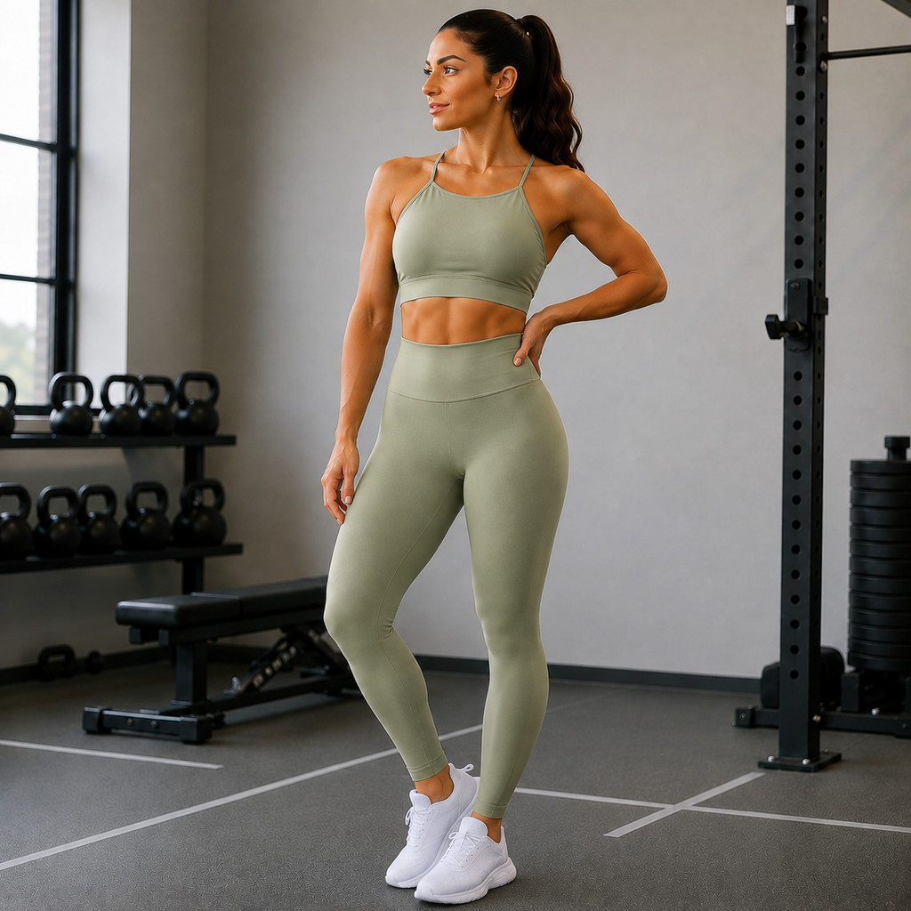 Conjunto de Poliamida Calça legging e Top com Bojo Removível Moda Feminina Para Academia