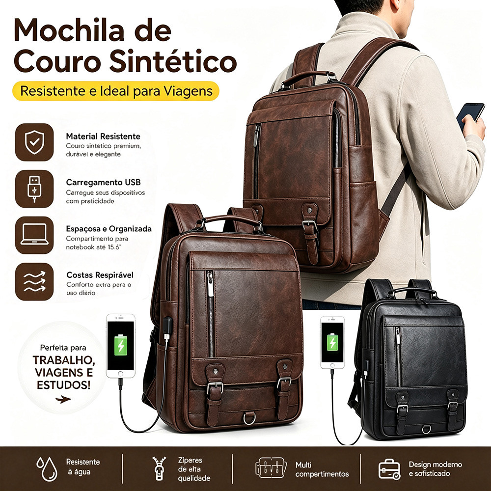 Mochila De Couro Legítimo Executiva Notebook 15.6 USB Resistente Viagem Trabalho Faculdade