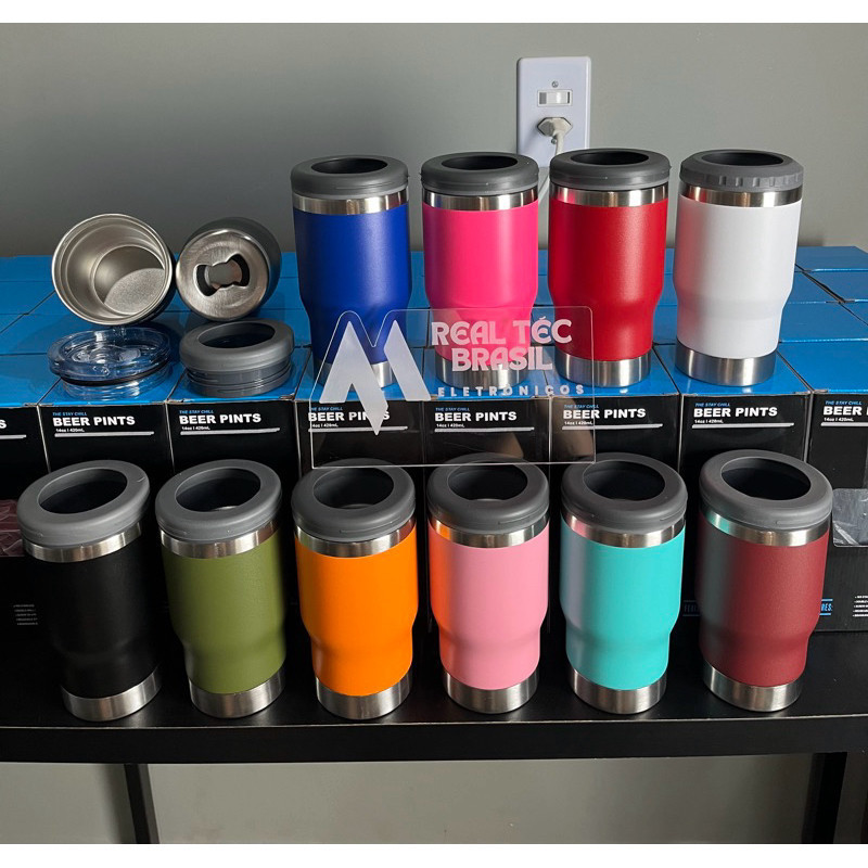 Copo Térmico Porta Lata, Long Neck Isolamento Vácuo Inox 5x1 Com tampa de acrílico 420ml