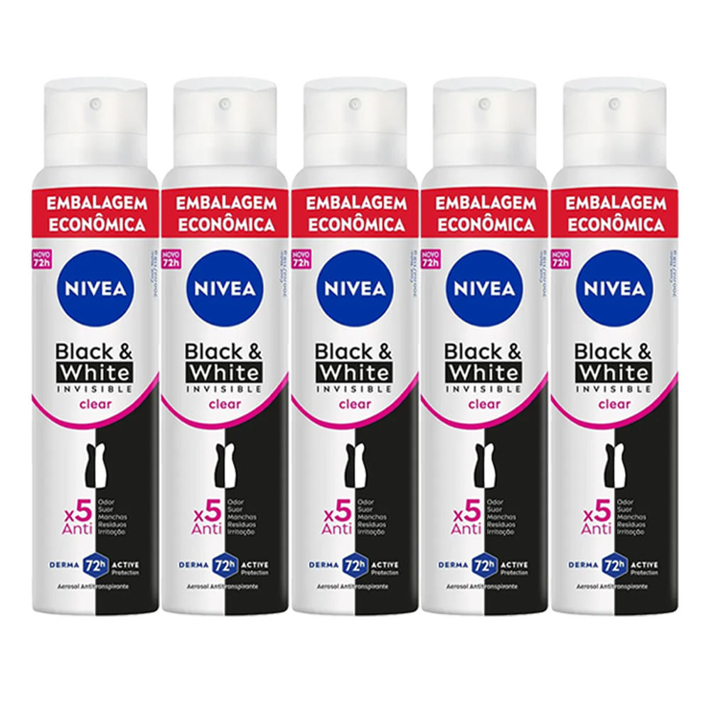 Kit Desodorante Aerosol Nívea Black & White Feminino 200ml - 5 unidades