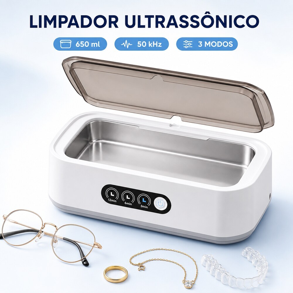 Limpador Ultrassônico 650ml 50kHz 3 Modos para Joias Óculos Alianças Relógios Limpeza Profunda