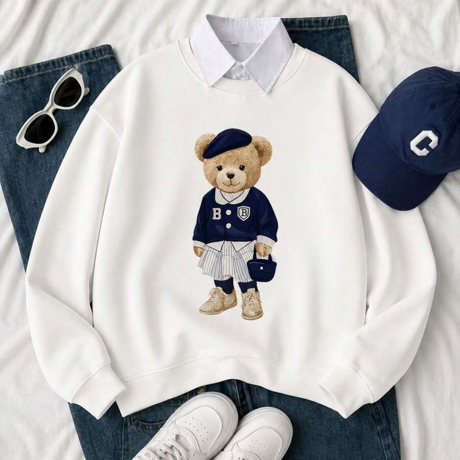 Moletom Feminino com Estampa Vintage Preppy Urso Blusa de Frio Estilo Gola Redonda  Estilosa