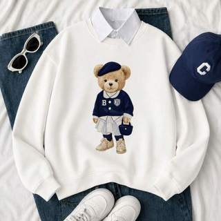 Moletom Feminino com Estampa Vintage Preppy Urso Blusa de Frio Estilo Gola Redonda  Estilosa