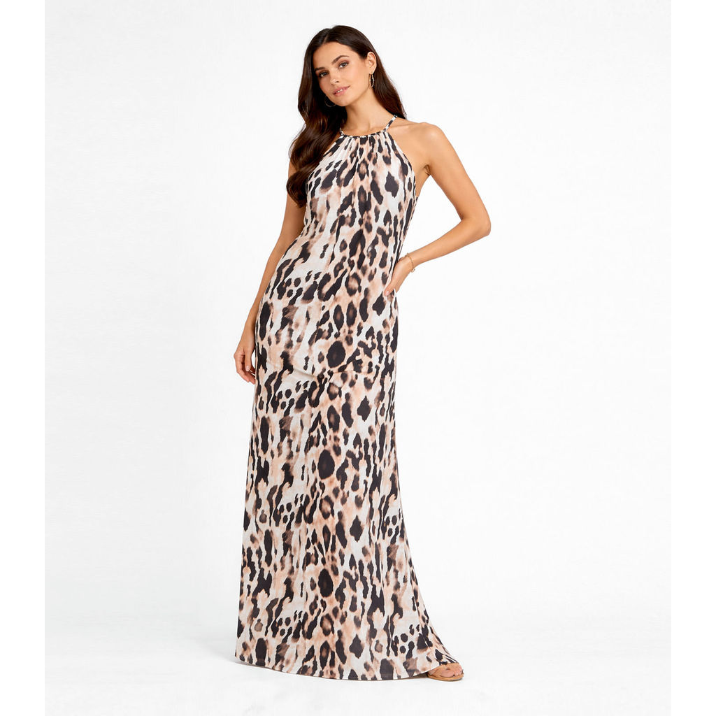 Vestido Longo Estampado Sem Manga Infinita Cor Bege