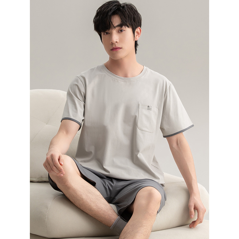 Kazhilian pijamas de verão masculino puro algodão em torno do pescoço Shorts de manga curta estilo fino 7A antibacterian