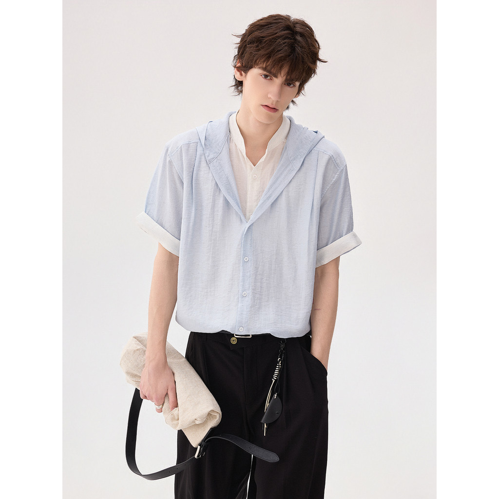 CHICERRO Sicilian Roupas Masculinas 2026 Verão Novo Estilo Linho Misturado Falso Duas Peças Com Capuz De Manga Curta Mas