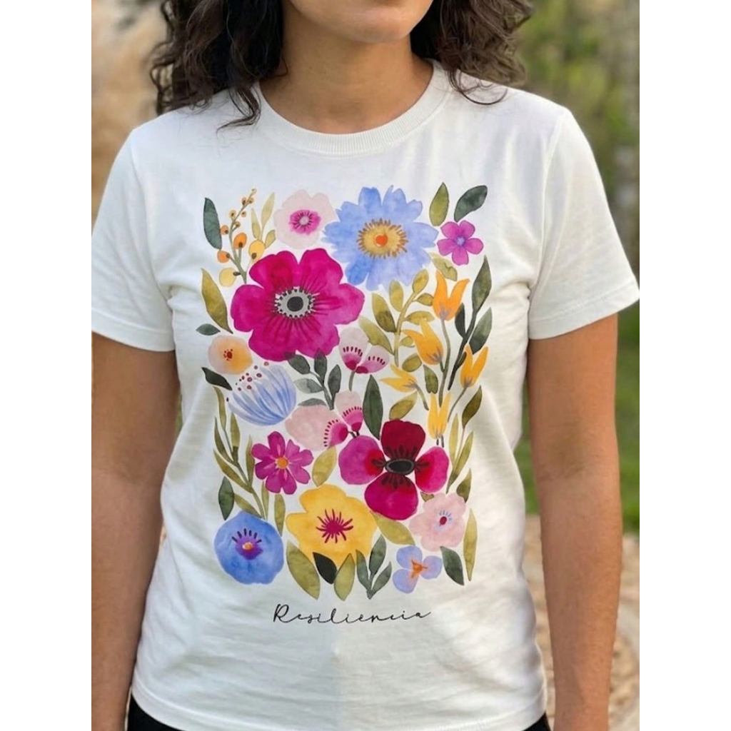 Camiseta Feminina Estilosa Moderna Casual 100% Algodão Gola Redonda Leve Confortável Streetwear : Resiliencia Flores