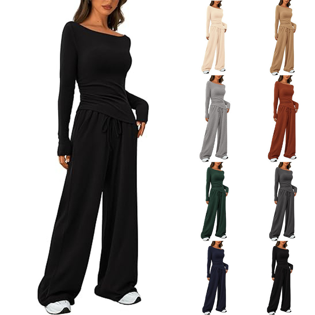 Conjunto Feminino Blusa Assimétrica Manga Longa + Calça Pantalona com Cordão, Roupa Casual Confortável Outono 2026