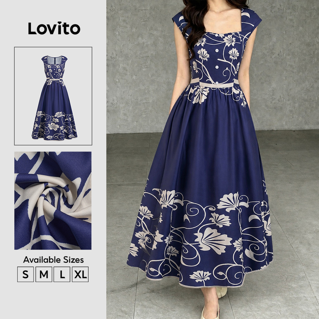 (New Arrival) Lovito Vestido Azul Feminino Casual Elegante Com Padrão Floral Botão E Zíper Longo E Evasê Primavera/Verão Fim De Semana E Tra