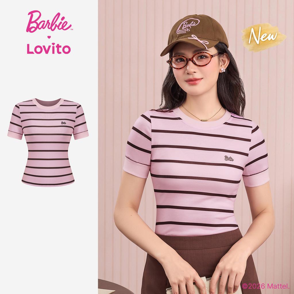(New Arrival) Barbie™ X Lovito Camiseta Casual Com Estampa Em Bordado Rosa Primavera/verão Feminina TSBL6PAD002