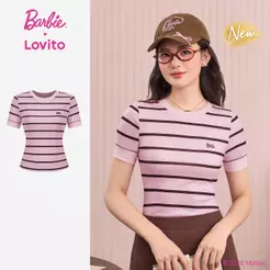 (New Arrival) Barbie™ X Lovito Camiseta Casual Com Estampa Em Bordado Rosa Primavera/verão Feminina TSBL6PAD002