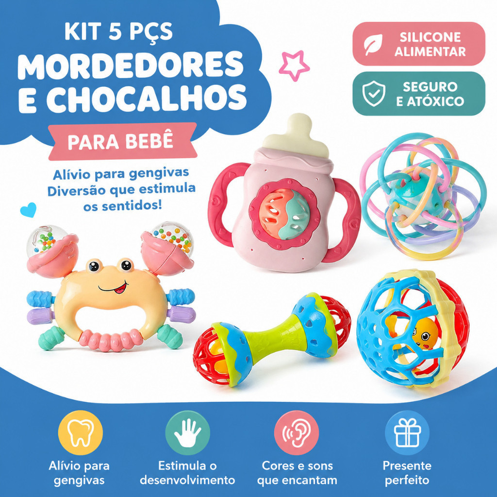 Kit 5 Pçs Mordedores e Chocalhos Bebê Silicone Alimentar Sensorial Alívio Gengiva Brinquedo Educativos Presente de Natal